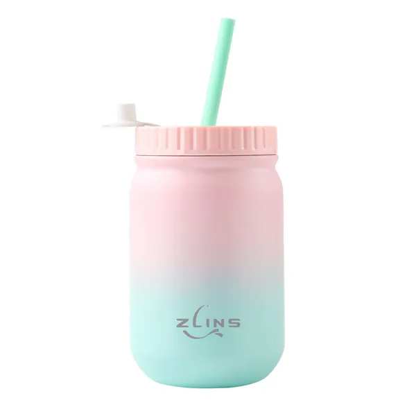 ZLINS Cup with Straw and Lid,Iced Coffee Travel Mug,Stainless Steel Drinking Tumbler,Insulated Reusable Metal Cup,Hot Cold for Smoothie, Milkshake,Cocktails,14OZ(Pink/Blue) - Blue/Pink Gradient 14OZ