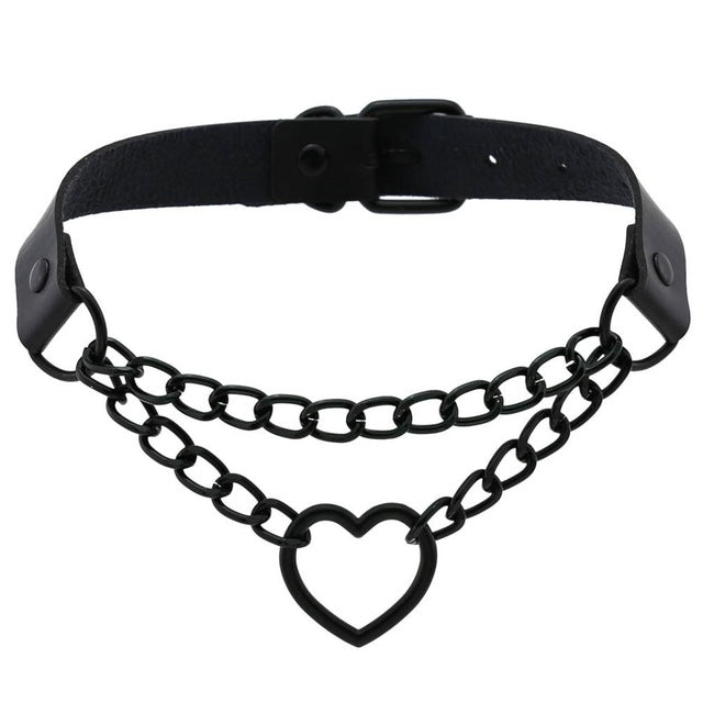 'Invocation' Black Goth Heart PU Leather Choker (16 colours) - Black