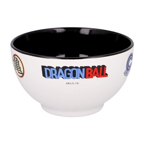 Elbenwald Dragon Ball Müslischale - Bowl mit Icons Crystal Ball Kame Kanji Symbol Capsule Corp Logo Motiv - 600 ml - 8 cm Höhe - Ø 13 cm - Keramik - Weiß Schwarz - Dragon Ball