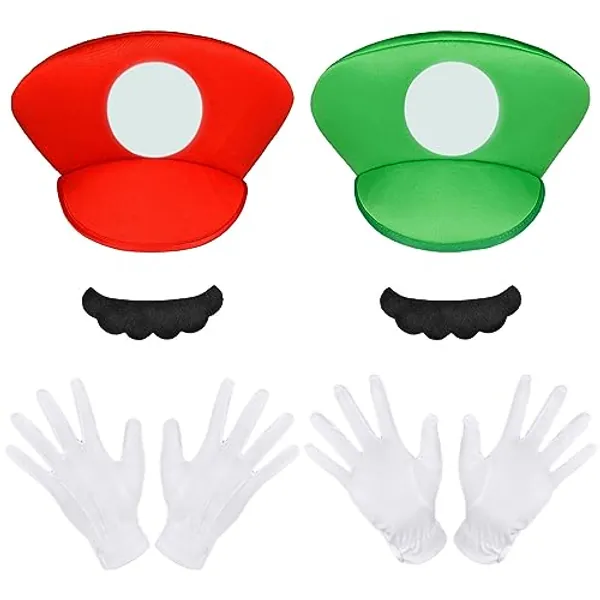 Aomig Mario Costumes, 3 Pack Mario Cosplay Costume Accessories Kits for Women Men Kid, Mario and Luigi Hats Cap Mustaches White Gloves Fancy Dress Up for Mario Party Carnival Costume - Red ＆ Green