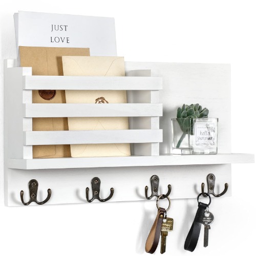Lwenki Key & Mail Holder for Wall - Rustic Natural Paulownia Wood, 4 Double-Hook Hangers - Wall Mounted Organizer for Decor, Bags, Accessories - Hardware & Manual Included (White) - White