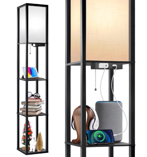 Outon Floor Lamp with Shelves, LED Column Modern Floor Lamp with USB Port & Power Outlet, Memory Function, Wood Standing Lamp with White Linen Texture Shade for Living Room, Bedroom, Office (Black) - Black