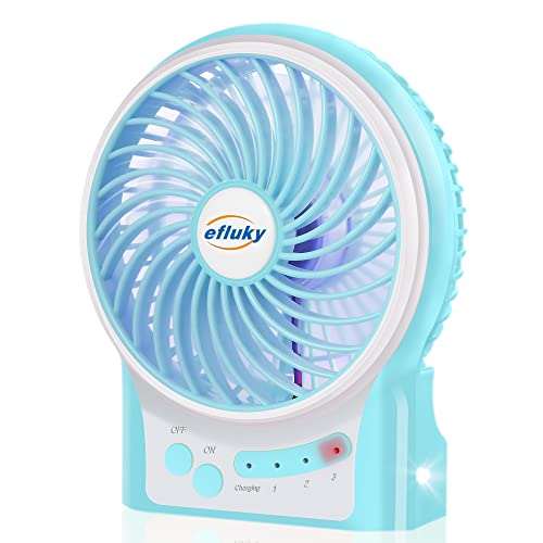 efluky 3 Speeds Mini Desk Fan, Rechargeable Battery Operated Fan with LED Light, Portable USB Fan Quiet for Home, Office, Travel, Camping, Outdoor, Indoor Fan, 4.9-Inch, Blue - Blue