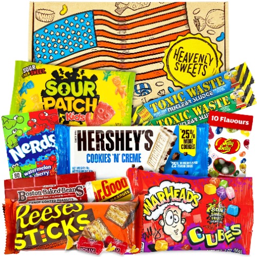 Amerikansk godis- och chokladpresentlåda – Klassiskt USA godis–Perfekta presenten för födelsedagar, barn, vuxna, speciella tillfällen, julklapp - 24.5x17.5x2.5cm
