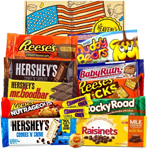 Heavenly Sweets Amerikansk choklad presentförpackning - Klassiska Retro USA-godis - Presentkorg Perfekt för barn, vuxna, födelsedag, jul, påsk