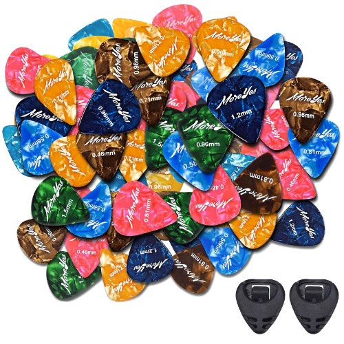 MOREYES 42PCS Guitar Picks with All Thickness 0.46 0.58 0.71 0.81 0.96 1.20 1.50 mm for Acoustic, Classical, Electric, Bass Guitar with 2 Pick Holders