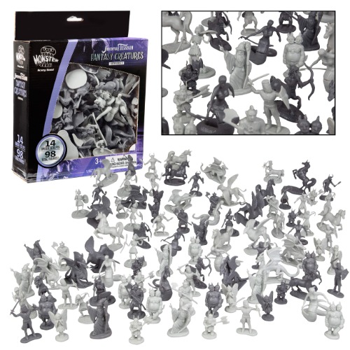 Fantasy Creature Mini Action Figure Playset-98pc Monster Toy Miniatures w 14 Unique Sculpts - Dragons, Wizards, Orcs, and More- XL 1/32nd Scale Dungeon Character Accessories