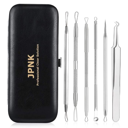 JPNK Blackhead Remover Tool Comedones Extractor Acne Removal Kit for Blemish, Whitehead Popping, 6 Pcs Zit Removing for Nose Face Tools with a Leather Bag