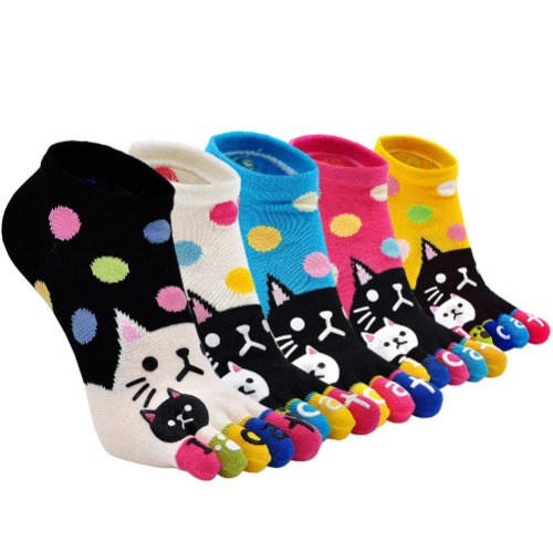 ZAKASA Womens Funny Toe Sock Cotton Five Finger Running Ankle Novelty Socks (Animal cat, US shoe 6-9)
