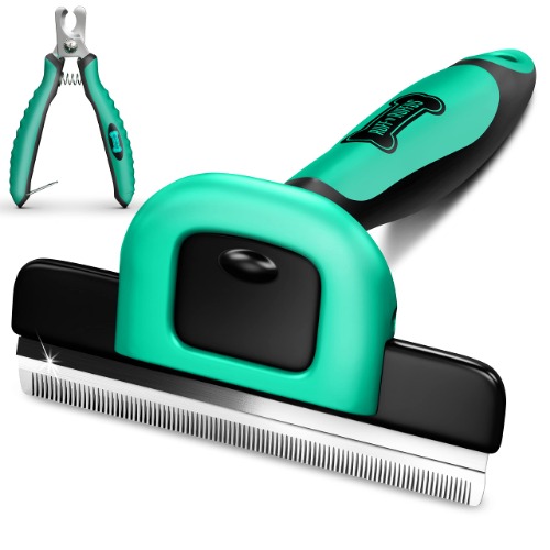 Ruff 'N Ruffus Deshedding Brush + Free Bonus Nail Clippers | Reduces Shedding by up to 95% | Pet Brush for All Breeds | Shedding Brush for Cats and Dogs | Non-Slip Grip with Detachable Head Design
