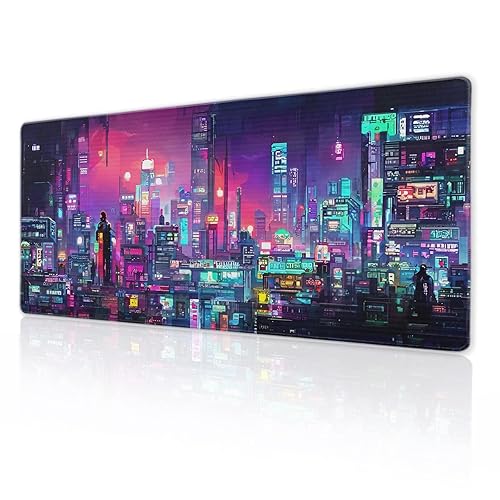 Retro Japanese Anime Gaming Mouse Pad XL Cool Dark Purple Red Vaporwave City Extended Large Desk Mat Big Mousepad Non-Slip Rubber Base Stitched Edge Long Desk Pad for Desktop Computer,31.5×11.8 in - Anime City - X-Large