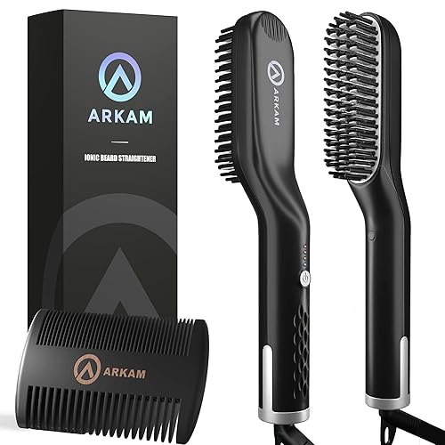 Arkam Premium Beard Straightener for Men - Cutting Edge Ionic Beard Straightening Comb for Home & Travel, Volumizing Hair Straightener for Men & Women, Dual Voltage Revolutionary Beard Comb 110-240V - Original