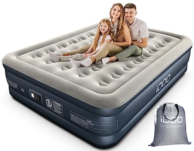 iDOO Luxury Air Mattress Queen with Built in Pump, Double Inflatable Mattress for Camping, Guests & Home, Comfort Blow up Mattress, Durable, Portable & Waterproof Airbed, Matelas Gonflable - 18'' Queen