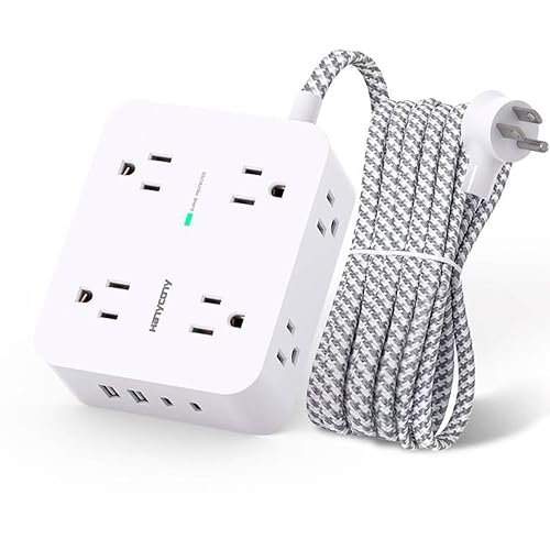 Surge Protector Power Bar - 8 Outlets 4 USB Charging Ports(2 USB C), Power Strip with 5Ft Braided Extension Cord, Flat Plug, Wall Mount Desk USB C Charging Station for Home Office College Essentials - 5 Ft - White