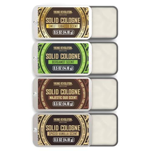 Viking Revolution 4 Pack Mens Solid Colognes Men 0.5 Oz - Men Solid Perfume with Spiced Vanilla, Sweet Tobacco, Majestic Oud, Bergamot - Balm Cologne for Mens Cologne Balm Travel Cologne Wax - Spiced Vanilla, Sweet Tobacco, Majestic Oud, Bergamot