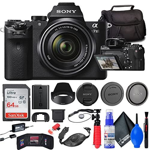 Sony a7 II Mirrorless Camera with 28-70mm Lens (ILCE7M2K/B) + Bag + 64GB Card + Card Reader + Flex Tripod + Hand Strap + Memory Wallet + Cap Keeper + Cleaning Kit (Renewed)