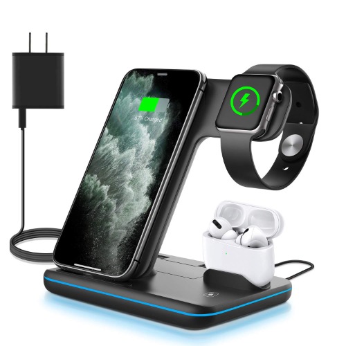 WAITIEE Wireless Charger 3 in 1, 15W Fast Charging Station for Apple iWatch 6/5/4/3/2/1,AirPods Pro,for iPhone14/13 Pro/Pro Max/12/11/X/Xr/Xs/8/Samsung Galaxy Phone Series (No Watch Charging Cable) - Black(Watch line not included)