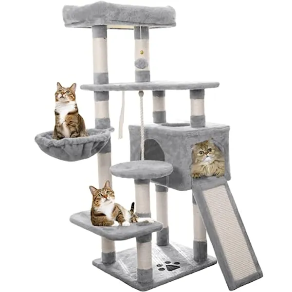 NEGTTE Cat Tree,Small Cat Tower with Scratching Post,Cat Condo with Perch,Hammock for Indoor Cats,Kittens (Light Grey,004)