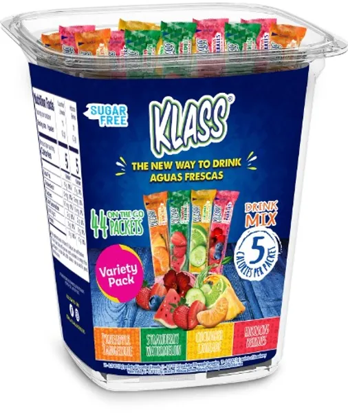 Klass Aguas Frescas Cucumber Limeade, Strawberry Watermelon, Pineapple Tangerine, & Hibiscus Berries Variety Pack Drink Mix (44 on the go stick packs) - 
