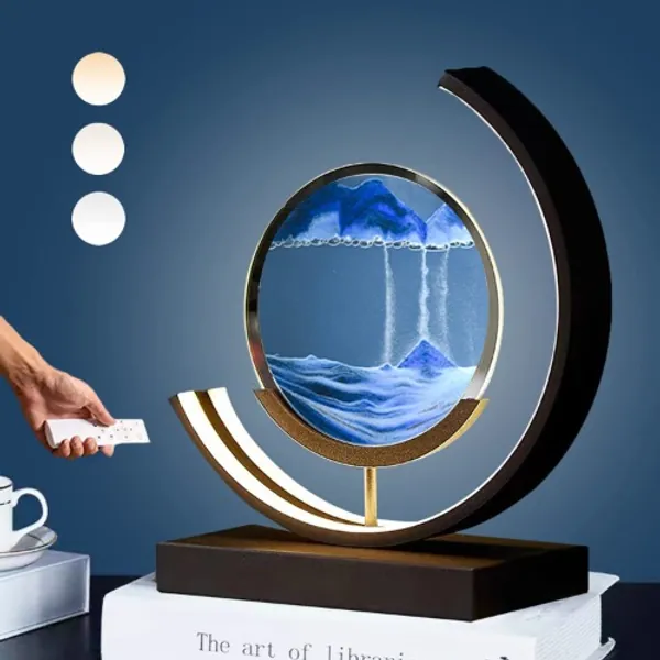 Sands of Time Lamp, Moving Sand Art Picture 3D Round Sand Picture Lamp 3 Colors Art Light with Stand Relaxing Desktop Home Decor and Office - blue sand BLACK FRAME