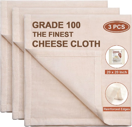 eFond Cheesecloth, Precut 20x20Inch, Grade 100 Hemmed Cheese Cloths for Cooking Reusable and Washable, 100% Unbleached Pure Cotton Muslin Cloths for Straining Butter, Cheese, Nut Milk (3 Pieces) - 3 PCS