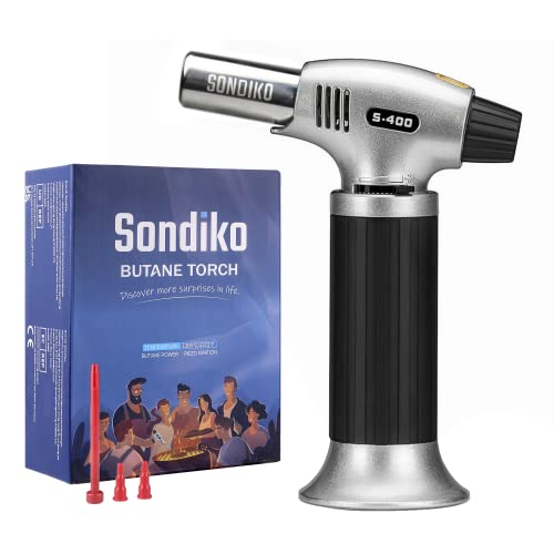 Sondiko Butane Torch S400, Refillable Kitchen Lighter, Fit All Butane Tanks Blow Torch with Safety Lock and Adjustable Flame for Desserts, Creme Brulee, and Baking—Butane Gas Is Not Included - Black&silver