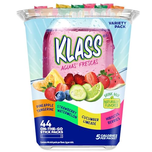 Drink Mix Klass Aguas Frescas - 44 Powdered Sugar Free Singles - Flavors: Cucumber Limeade Pineapple Tangerine Strawberry Watermelon & Hibiscus Berries - Water Enhancer Packets To Go! - Aguas Frescas
