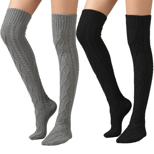 SherryDC Women's Cable Knit Thigh High Boot Socks Extra Long Winter Stockings Leg Warmers - 2 Packs Grey+black