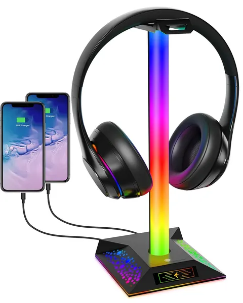 Headphone Stand Gaming Headset Holder - Hcman RGB PC Gaming Accessories for Desk, Cool LED Headset Stand with 2 USB Charger for Gamer, Black