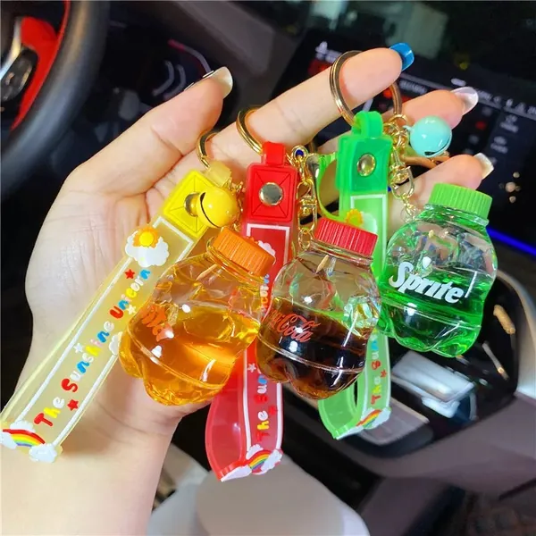 Soft Drink Liquid Keychain, Cute Colourful Bottle Key ring, Black Orange Green Drink Cola Bell Bag Accessories, Floating Shaker Kawaii Charm