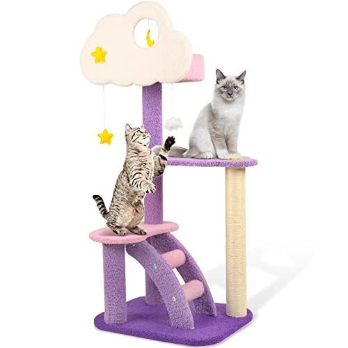 Calmbee Cat Tree Cat Tower Cat Scratching Post, 42.5 Inches Purple Cute Cat Tree for Indoor Cats, Natural Sisal Cat Climbing Activity Trees with Hammock & Stairs for Cats Kittens Pets Small Cat - Style 6
