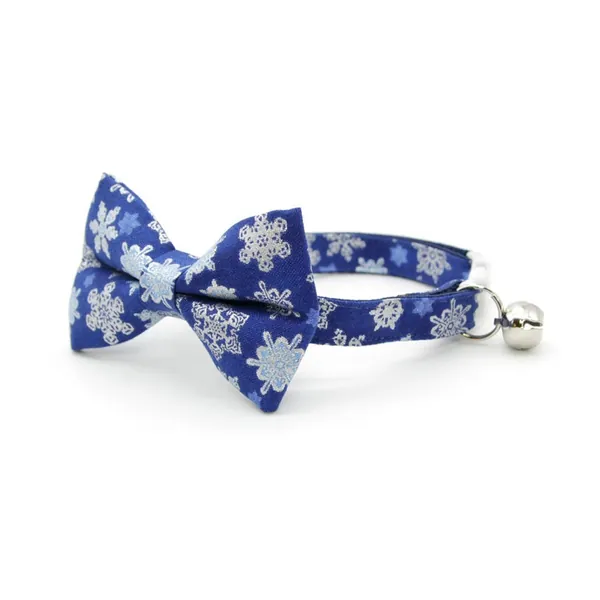 Bow Tie Cat Collar Set - &quot;Shimmering Snowflakes - Blue&quot; - Holiday Cat Collar w/ Matching Bowtie / Winter Solstice / Cat, Kitten + Small Dog