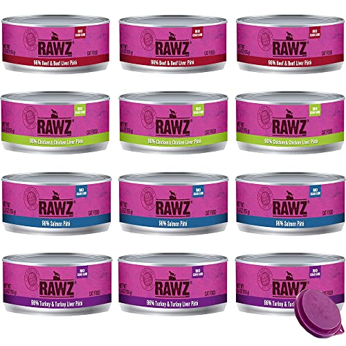 Rawz Natural Premium Canned Cat Wet Food Pate-12 Pack Variety Bundle - 4 Flavors - (Turkey, Chicken & Liver, Salmon & Beef) (5.5oz Cans) with Hotspot Pets Can Lid