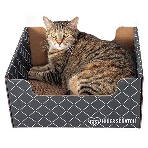 Hide & Scratch: Extra-Large Heavy Duty Cardboard Cat Scratcher and Lounger Box with Refillable Scratch Pad - Multiple Colors - Dark Grey Diamond