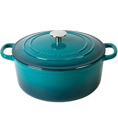 EDGING CASTING Enameled Cast Iron Dutch Oven Pot with Lid for Bread Baking, Cooking, Round Bread Oven Dule Handle, 7 Quart, Darkcyan - 7QT - Darkcyan