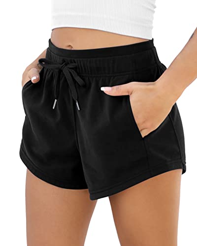 ODODOS Women's Sweat Shorts with Pockets Cotton French Terry Drawstring Summer Workout Casual Lounge Shorts - Style A - Small - Black