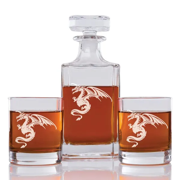 Abby Smith Dragon Engraved Decanter and Rock Glasses, Set of 3