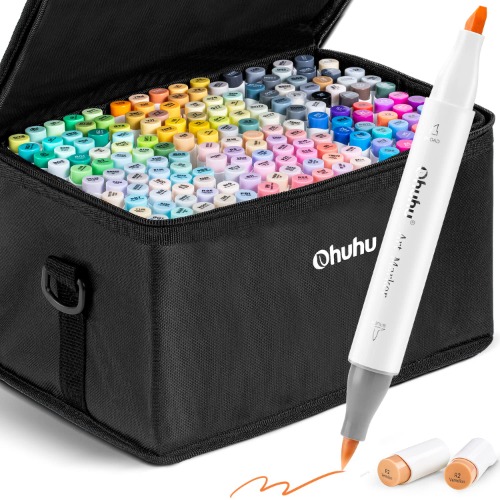 Ohuhu Alcohol Brush Markers 168-color Art Marker Set Double Tipped Alcohol-based Markers for Artist Adults Coloring Illustration -Brush & Chisel - Comes w/ 1 Alcohol Marker Blender - Honolulu Series