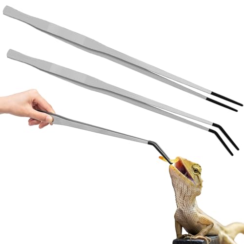 Lasnten 2 Pcs Stainless Steel Reptile Feeding Tongs with Rubber Tips Aquarium Tweezers Straight and Curved Long Tweezers Terrarium Tool Long Handle Feeder Tool for Snake Fish Tank (18.9 Inch) - 18.9 Inch
