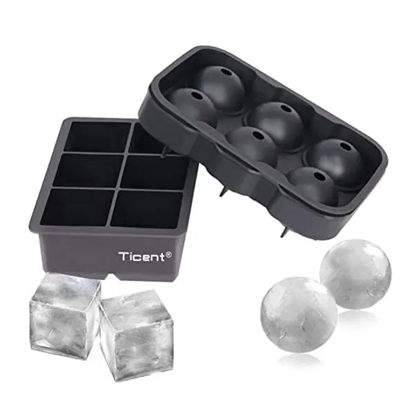 
                            Ticent Ice Cube Trays (Set of 2), Silicone Sphere Whiskey Ice Ball Maker with Lids & Large Square Ice Cube Molds for Cocktails & Bourbon - Reusable & BPA Free
                        