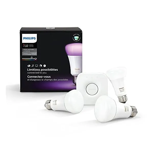 
                            Philips Hue 464479 Hue White and Color Ambiance A19 60W Equivalent Starter Kit Compatible with Amazon Alexa, Apple HomeKit, and Google Assistant, 4 Piece Set
                        