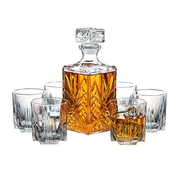
                            Paksh Novelty 7-Piece Italian Crafted Glass Decanter & Whisky Glasses Set, Elegant Whiskey Decanter with Ornate Stopper and 6 Exquisite Cocktail Glasses
                        