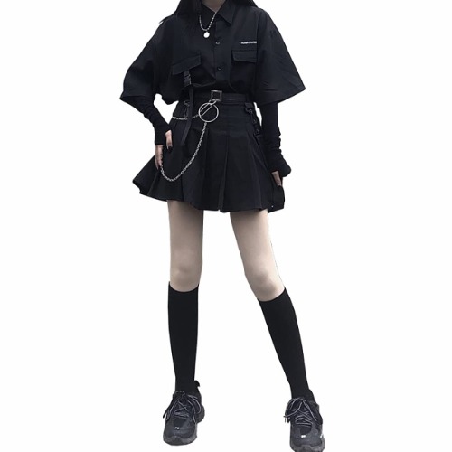 PEXIZUAN Gothic Suit Summer All-Match Black Loose Shirt Tops Women Fashion Two-Piece Goth Skirt Harajuku Style Punk Fashion(Top Shirt + Skirt,M) - Top Shirt + Skirt Medium