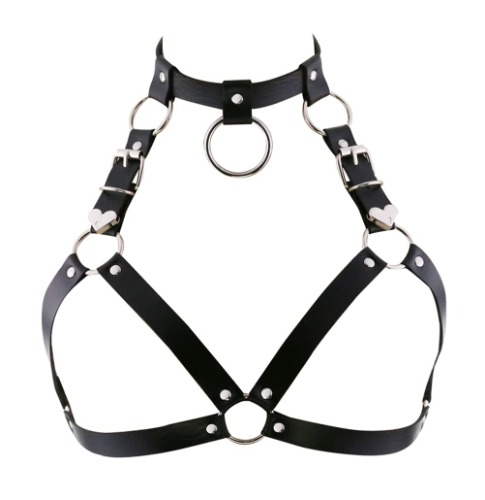 Leather Chest Straps Harness Body Chain Heart Harajuku Punk Caged Bra Waist Belts with Choker Collar for Women Rave Outfits - 