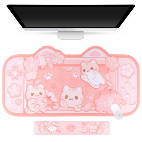 BelugaDesign Sakura Cat Desk Pad | NS Switch Keyboard Gaming Mat Large Mat Mousepad | Pastel Pink Kawaii Cute Anime Desk Blotter Protector with Gel Wrist Support - Pink
