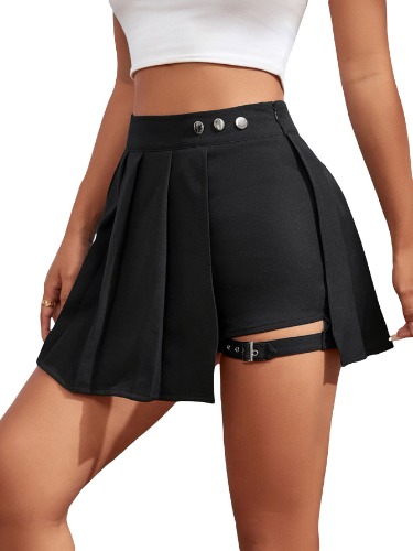 WDIRARA Women's High Waist Pleated Button Skort Asymmetrical Skirt Shorts - Large Black Plain