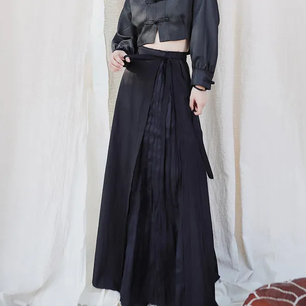 Black Cotton Linen Pleated Skirt Maxi Skirt with Drawstring decor Pleats skirt Long skirt Cotton skirt Linen skirt Black Hanfu skirt