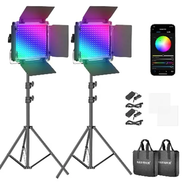 Neewer 2 Packs 660 PRO RGB LED Video Light with App Control Stand Kit, 360° Full Color, 50W Dimmable Bi-Color 3200K~5600K Video Lighting CRI 97+ for Gaming/Streaming/Zoom/YouTube/Webex/Photography