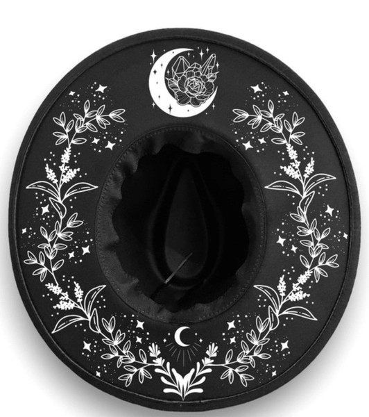 Floral Moon Crystal Fedora Wide Rim Hat, Witch hat, Fairy Fairies Gothic Witchy Festival Outdoor Halo Crown Hat, Coachella Hat