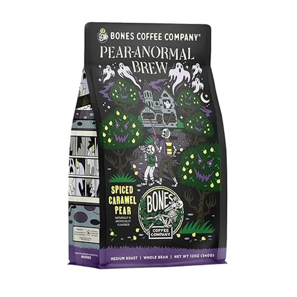 Bones Coffee Company Pear-A-Normal Brew Whole Coffee Beans Caramel & Spiced Pear Flavor, Low Acid Flavored Coffee Made with Arabica Coffee Beans, Medium Roast Coffee, Coffee Lover Gift Ideas (12 oz) - Caramel & Spiced Pear (Whole Bean)